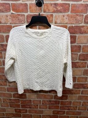 Vintage preppy Tommy Hilfiger White Cable Knit Crewneck 3/4 sleeve Sweater sz XL